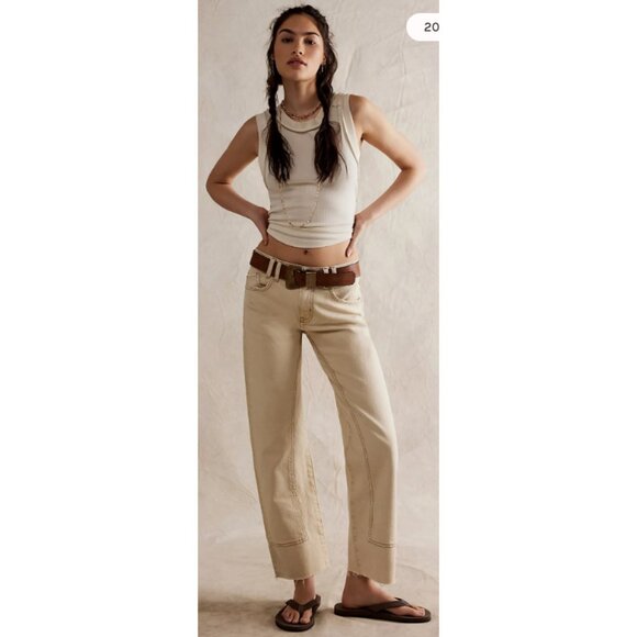 FREE PEOPLE WE THE FREE Risk Taker Mid Rise Jeans in Ecru Neutral Boho - Size 26 - Picture 1 of 14